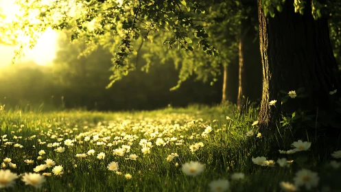 Sunlit Forest Meadow With Daisies in Lush Greenery, Photorealistic Style.