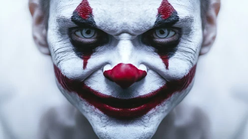 Chilling close-up clown portrait captures eerie painted grin