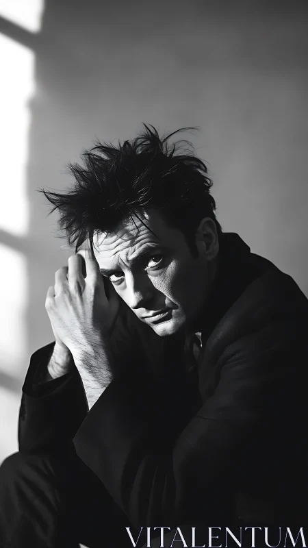 Brooding monochrome portrait captures intense reflective mood