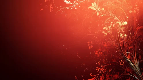 Radial crimson gradient with vector floral filament structures.