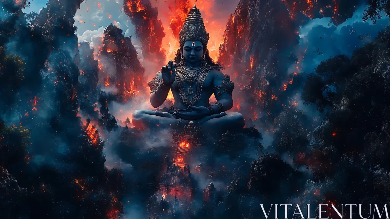 Majestic blue deity meditates calmly amid blazing mountains