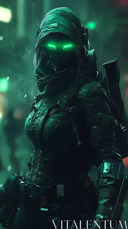 Hooded armed figure with glowing visor in urban night scene.