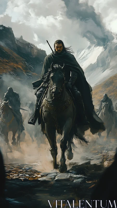 Armored rider leading cloaked cavalry through stormed pass