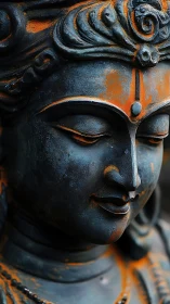 Weathered metal deity sculpture in close facial detail.