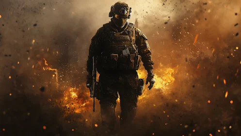 Tactical operator advancing through incendiary battlefield debris