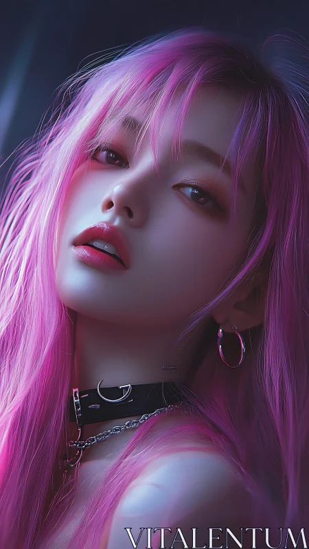 Digital portrait depicts pink haired subject in soft neon light