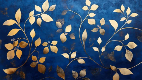 Gold leaf vine pattern over rich textured blue wall.