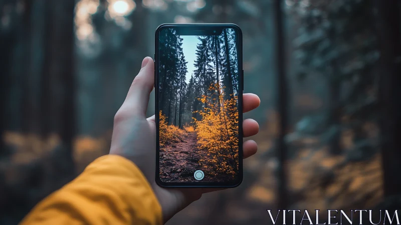 Hand holding smartphone framing autumn forest path scene.