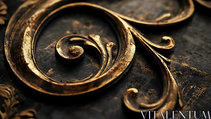 Ornate golden filigree curls against aged dark metal surface.