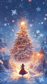 Snowlit child before illuminated village Christmas tree.