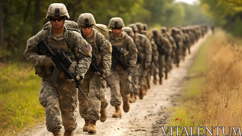 Sunlit march of soldiers along a quiet woodland trail.