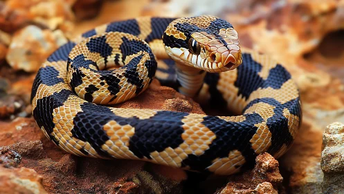 Coiled black and yellow snake on rocky ground in focus.