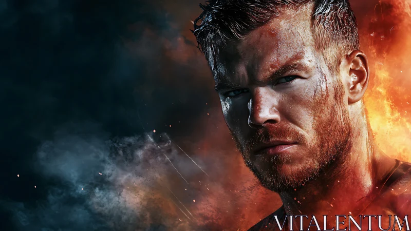 Firelit warrior portrait in a storm of smoke and sparks.