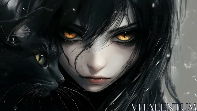 Digital portrait of pale woman with black cat companion.