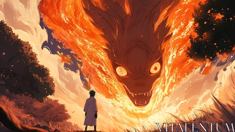 Anime infernal fox apparition with heroic ground-up framing.