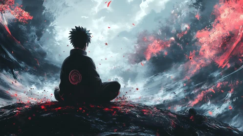 Solitary figure studies storm-torn sky in dynamic anime landscape