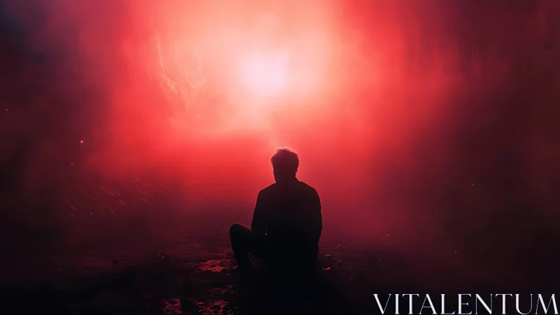 Silhouette figure sits facing intense red backlit fog bank