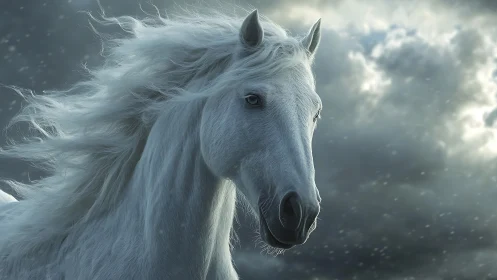 Stormlit white stallion with windswept mane in motion.
