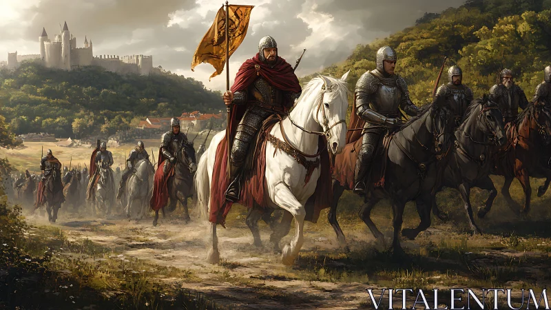 Medieval cavalry unit advances from fortified hilltop castle