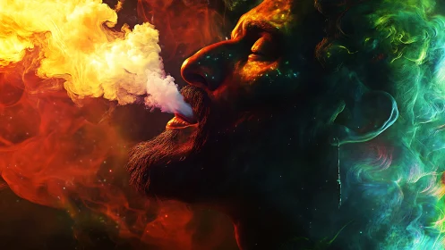 Cosmic dreamer exhales galaxies in neon swirling smoke