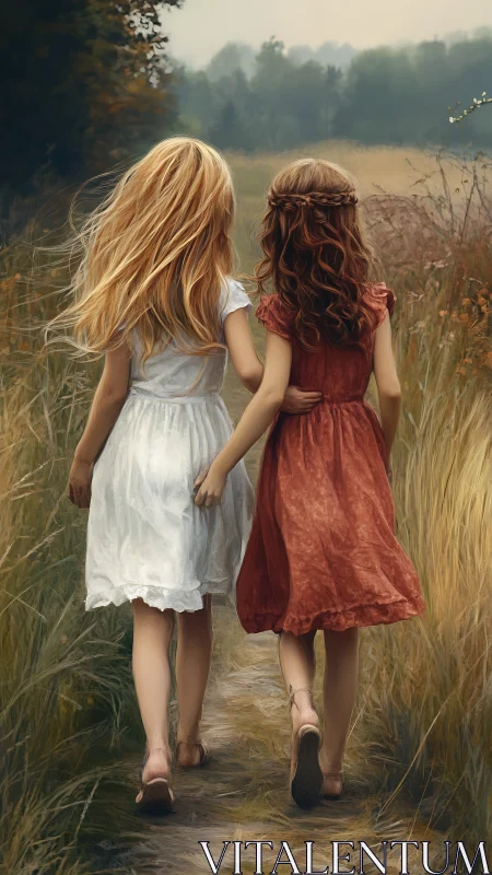 Pastoral digital painting of two girls walking meadow path.