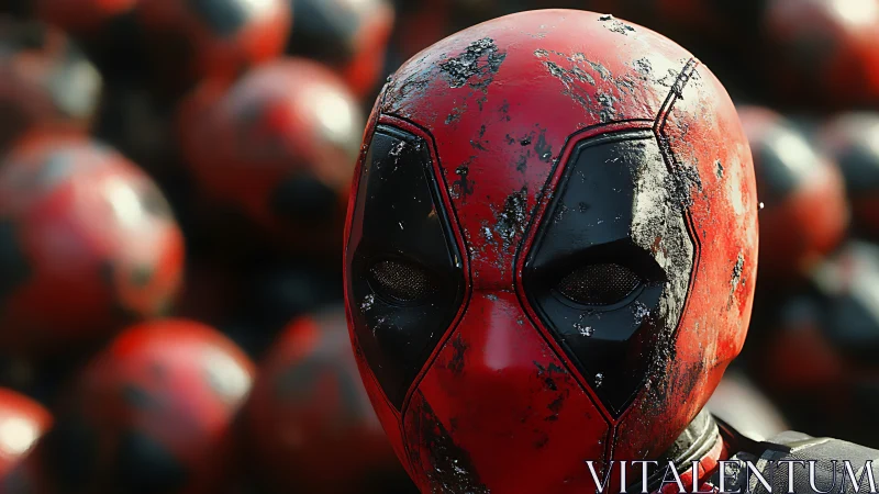 Red and black superhero mask shows weathered, gritty surface.