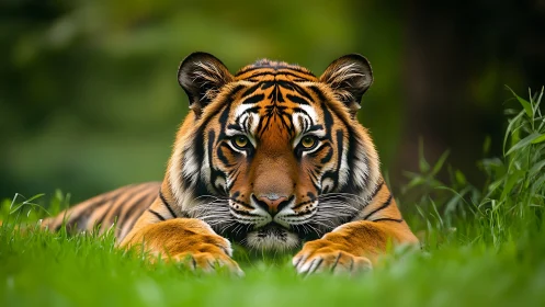 Resting tiger in green grass with direct frontal gaze.