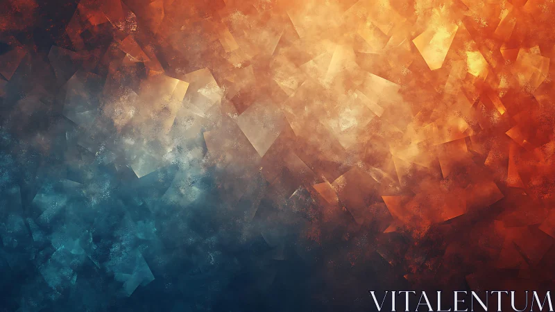 Abstract geometric background with blue and orange gradient, textured digital art.