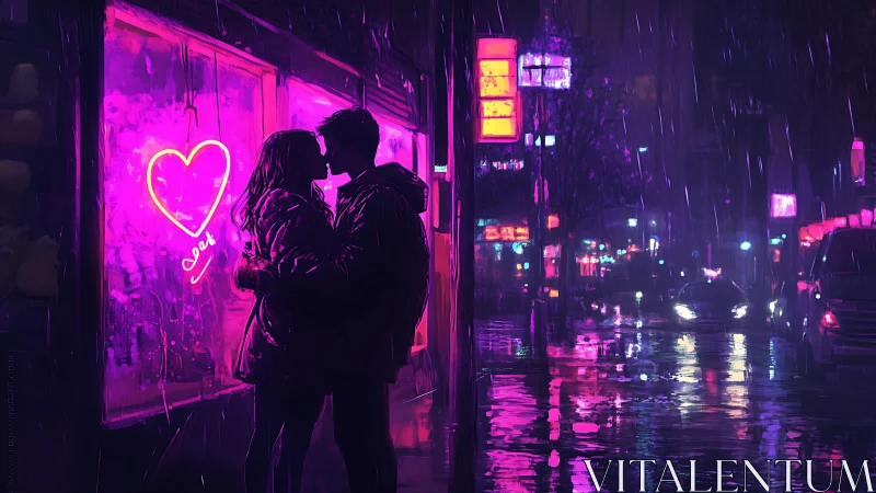 Neon city rain kiss under a glowing pink heart sign.