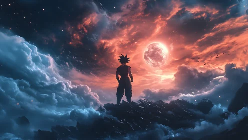 Silhouetted warrior surveys a celestial storm over glowing moon