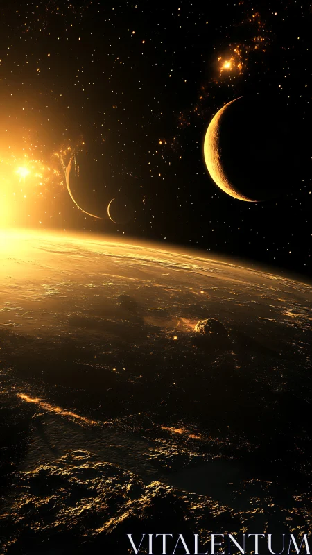 Stellar-illuminated exoplanet horizon with multi-moon alignment.