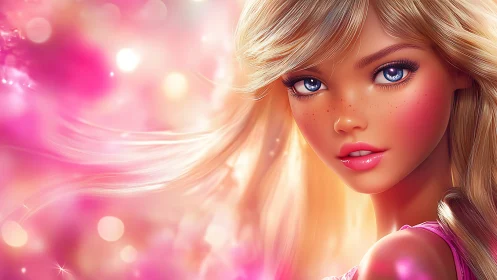 Starlit pink dream girl in a glowing bokeh sunrise haze.