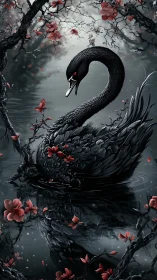 Black swan with reflective water surface and crimson floral contrast
