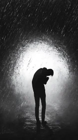 Silhouette stands alone in downpour against harsh backlight.