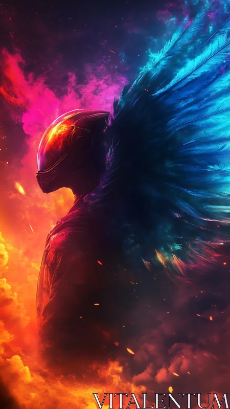 Cosmic winged astronaut amid neon fire and iridescent clouds.