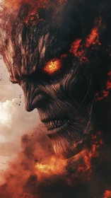 Flaming titan face emerges from roaring inferno sky.