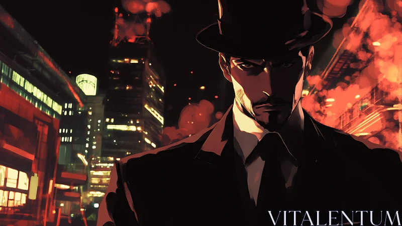 Noir agent in neon cityscape rendered in cinematic digital painting
