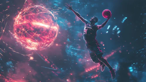 Cosmic dunker ignites neon court beside blazing energy sphere.