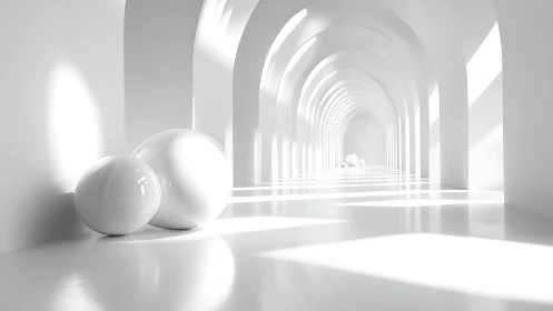 Minimalist White Corridor with Spheres