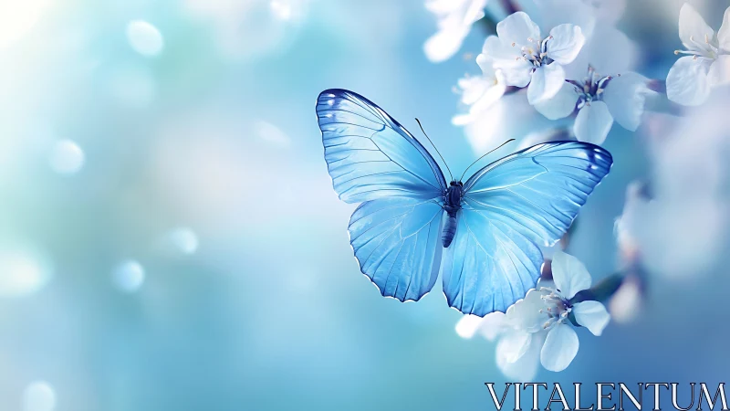 Blue butterfly is positioned on white blossoms in soft focus