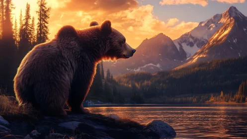 Cinematic grizzly bear profile beside alpine lake at sunset