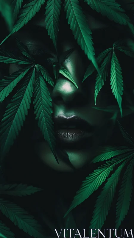 Emerald leaves veil a shadowed face in mystic green hush.