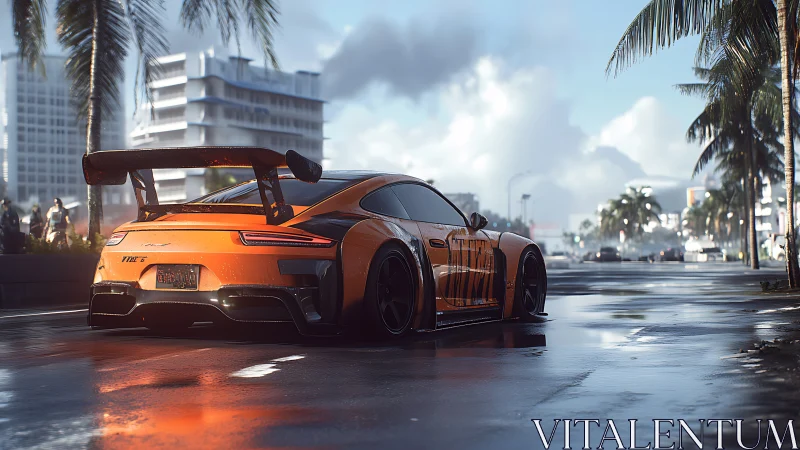 Orange track car on wet palm-lined urban street at dusk.