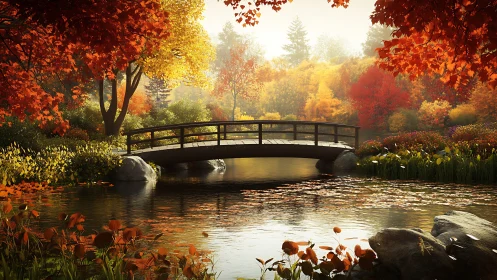 Timber footbridge over reflective pond in dense autumn foliage
