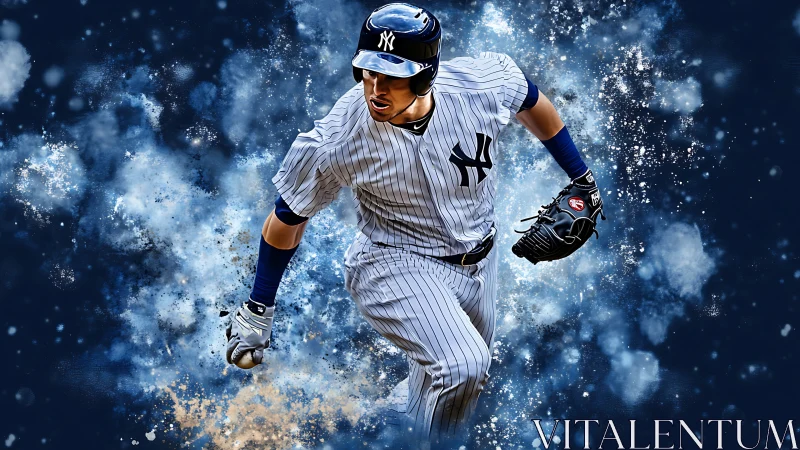 Baseball runner explodes through blue abstract energy field