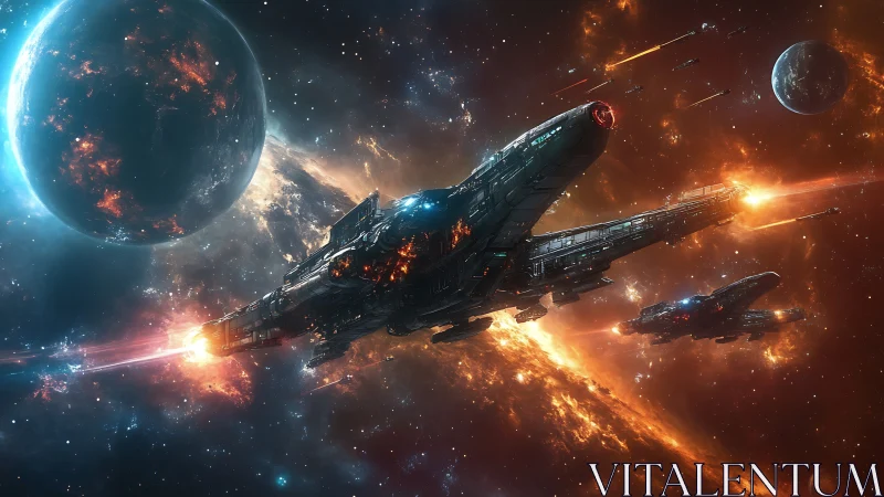 Colossal warships ignite a blazing battle in deep space