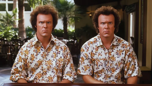 Symmetrical twin men in floral shirts at indoor cafe table