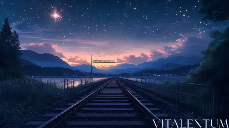 Quiet railway at twilight beneath a softly glowing star.