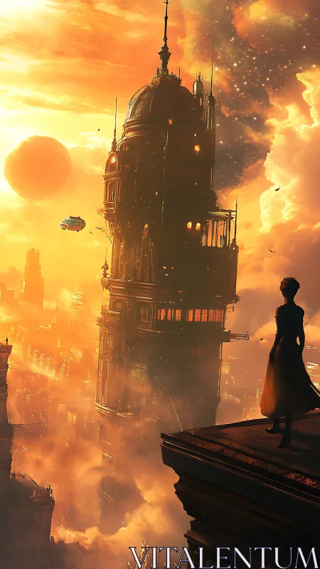 Silhouetted figure observing towering sci fi city at dusk.