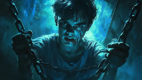Bloodied captive boy gripping heavy chains in blue light.